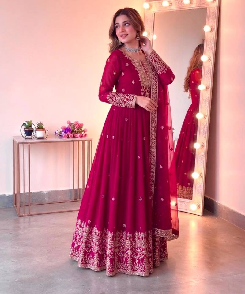 Red georgette embroidered flared gown set