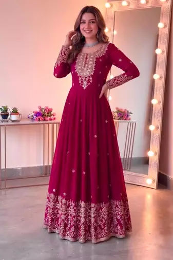 Red georgette embroidered flared gown set