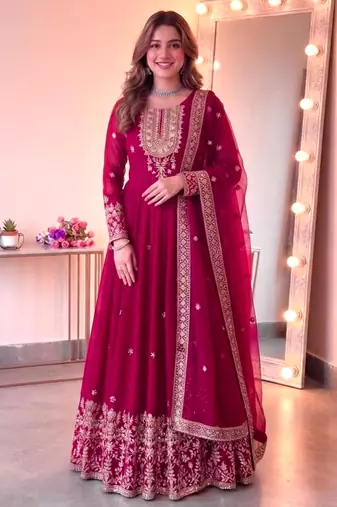 Red georgette embroidered flared gown set