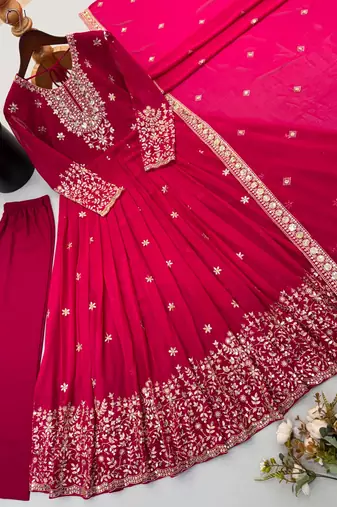 Red georgette embroidered flared gown set