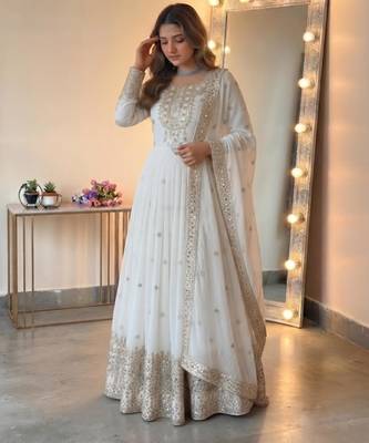 White georgette embroidered flared gown set 1