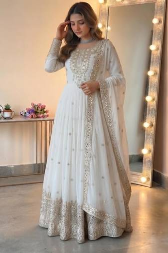 White georgette embroidered flared gown set