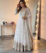 White georgette embroidered flared gown set
