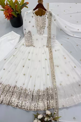 White georgette embroidered flared gown set