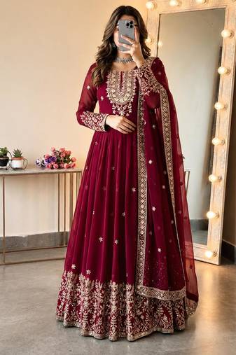 Maroon georgette embroidered flared gown set