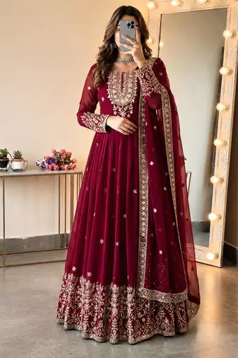 Maroon georgette embroidered flared gown set