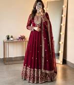 Maroon georgette embroidered flared gown set