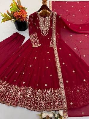 Maroon georgette embroidered flared gown set 2