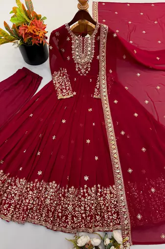 Maroon georgette embroidered flared gown set