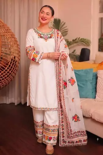 White crepe embroidered salwar kameez