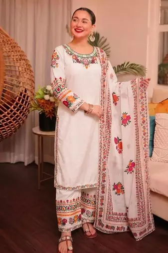 White crepe embroidered salwar kameez
