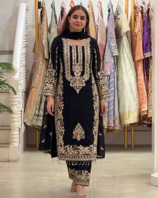 Black faux georgette embroidered kurta set 1
