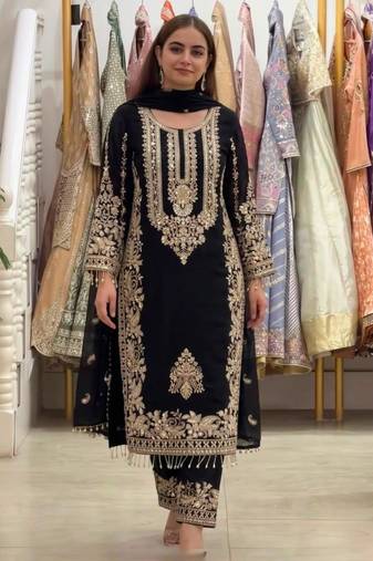Black faux georgette embroidered kurta set