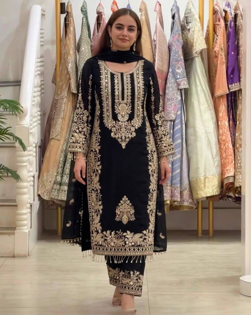 Black faux georgette embroidered kurta set