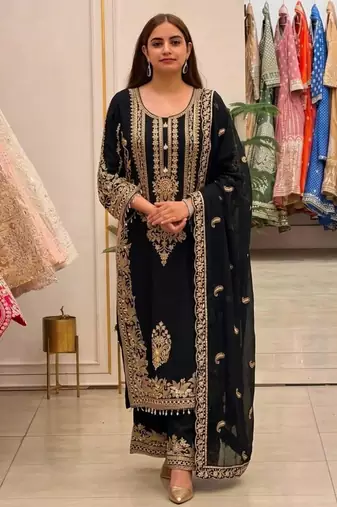 Black faux georgette embroidered kurta set