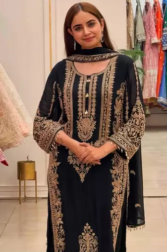 Black faux georgette embroidered kurta set