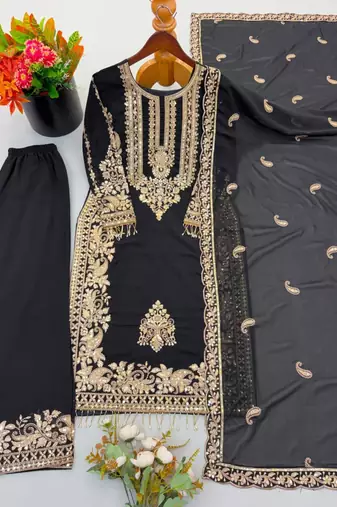 Black faux georgette embroidered kurta set