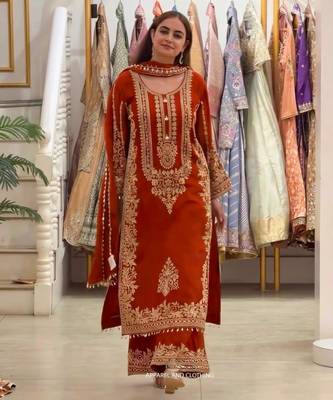 Orange faux georgette embroidered kurta set 1