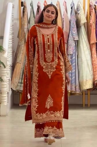 Orange faux georgette embroidered kurta set