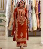 Orange faux georgette embroidered kurta set