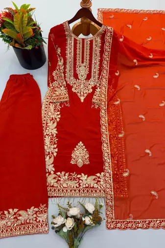 Orange faux georgette embroidered kurta set