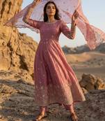Pink silk blend embroidered flared gown set