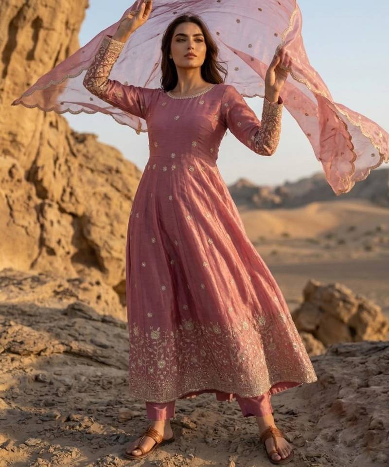 Pink silk blend embroidered flared gown set