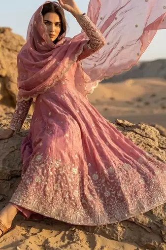 Pink silk blend embroidered flared gown set