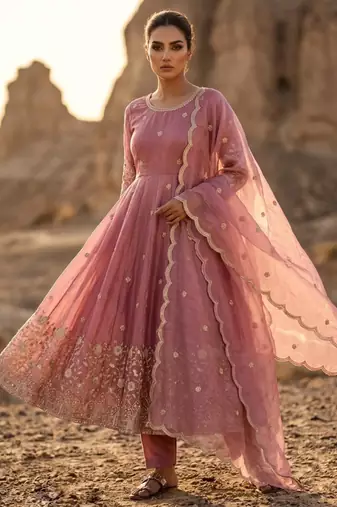 Pink silk blend embroidered flared gown set