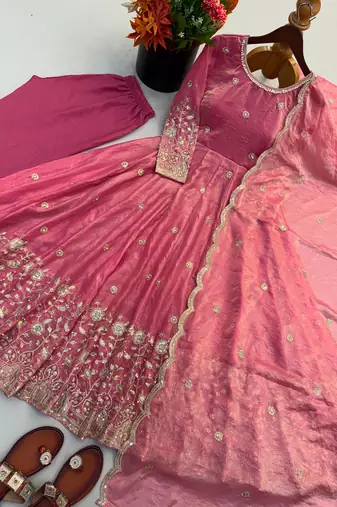 Pink silk blend embroidered flared gown set