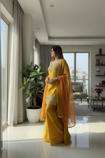 Yellow silk blend embroidered palazzo set