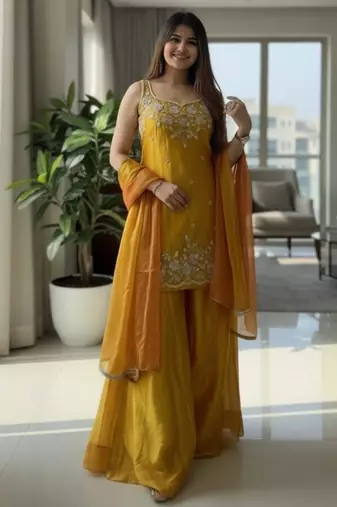 Yellow silk blend embroidered palazzo set