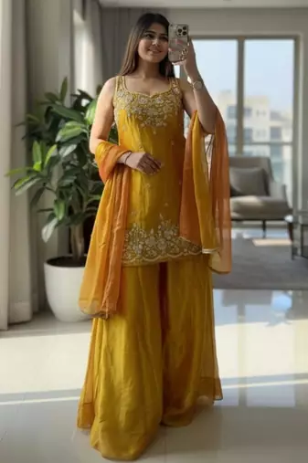 Yellow silk blend embroidered palazzo set