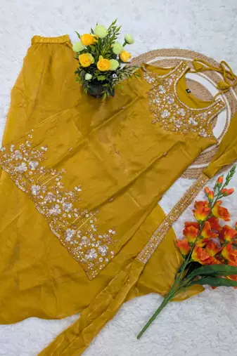 Yellow silk blend embroidered palazzo set