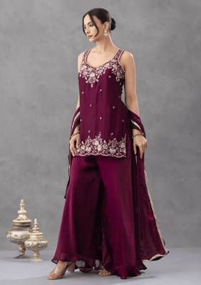 Plum silk blend embroidered palazzo set 1