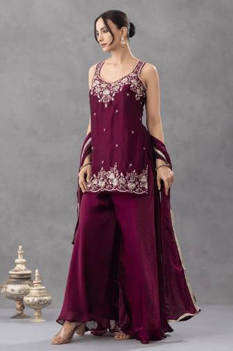 Plum silk blend embroidered palazzo set