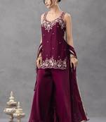 Plum silk blend embroidered palazzo set