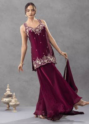 Plum silk blend embroidered palazzo set 2