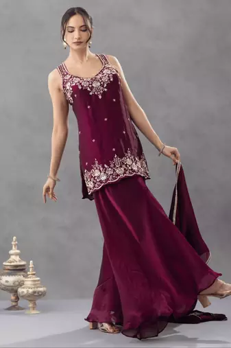 Plum silk blend embroidered palazzo set