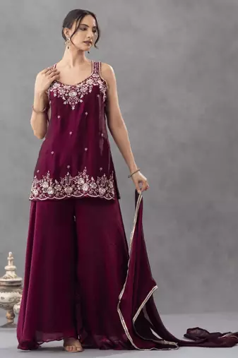 Plum silk blend embroidered palazzo set