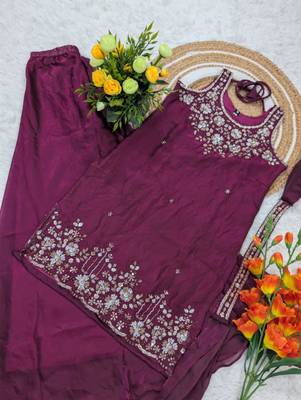Plum silk blend embroidered palazzo set 4