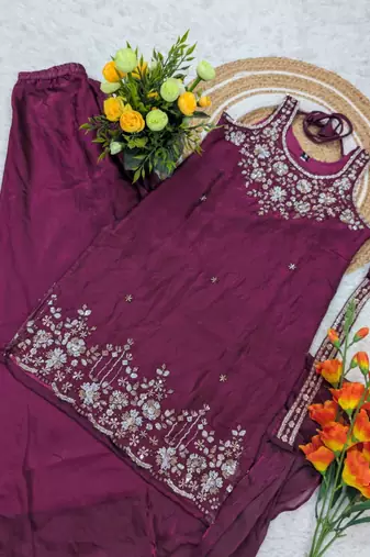 Plum silk blend embroidered palazzo set
