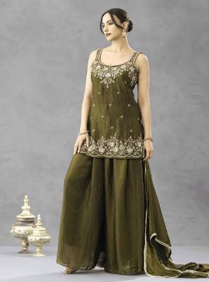 Olive silk blend embroidered palazzo set 1