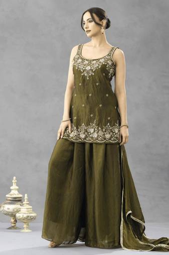 Olive silk blend embroidered palazzo set