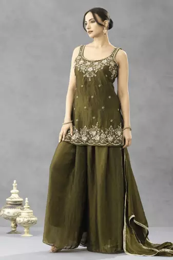 Olive silk blend embroidered palazzo set
