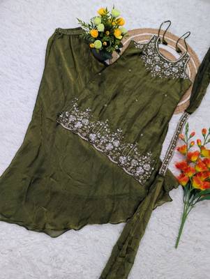 Olive silk blend embroidered palazzo set 2