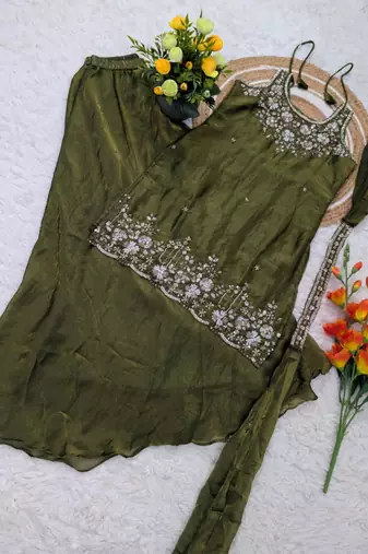 Olive silk blend embroidered palazzo set