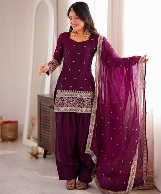 Plum silk blend embroidered farshi salwar set 1