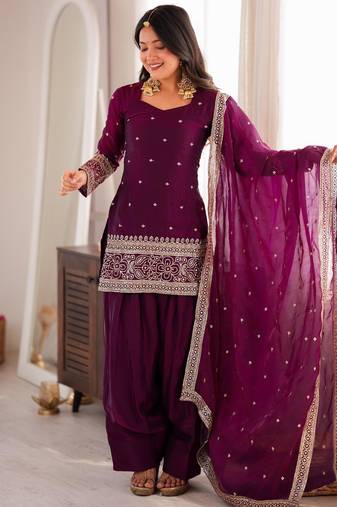Plum silk blend embroidered farshi salwar set