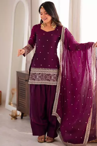 Plum silk blend embroidered farshi salwar set